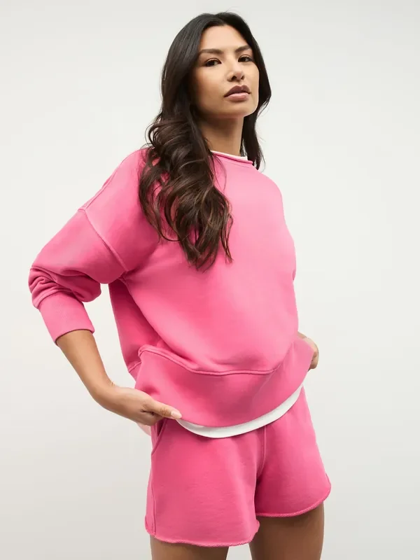 Magenta Pink Raw Hem Detail Washed Cotton Crew Neck Sweatshirt