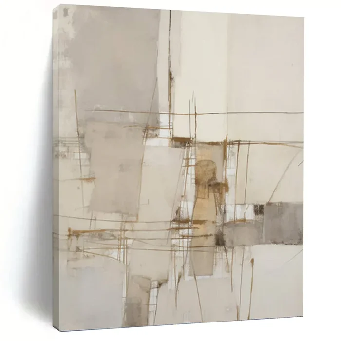 “Minimalist Line Abstract” – Grey, White, Brown Abstract Art on Canvas DKH1309