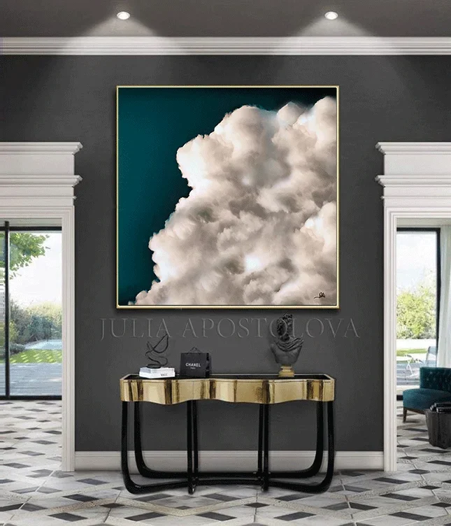 Modern Painting Cloud Abstract Dark Teal Wall Art Canvas, Cloud Painting for Trend Office Home Decor