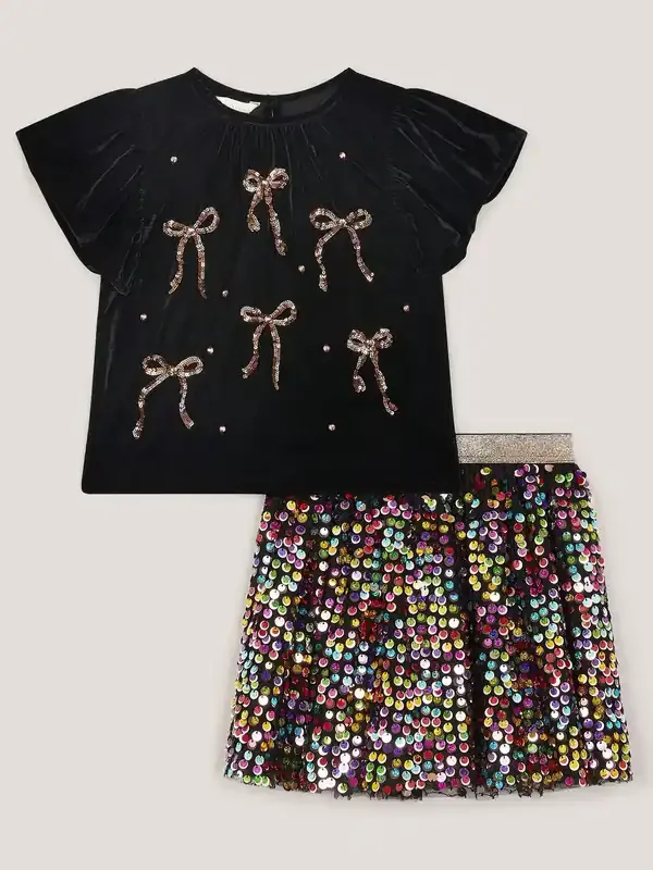 Monsoon Black Velvet Bow Top & Sequin Skirt Set