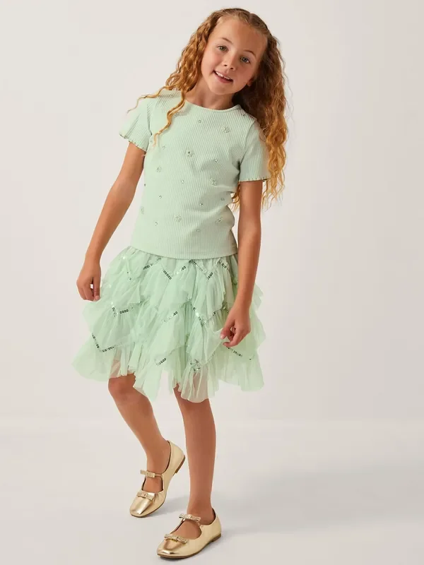 Monsoon Green Embellished T-Shirt & Ruffle Skirt Set
