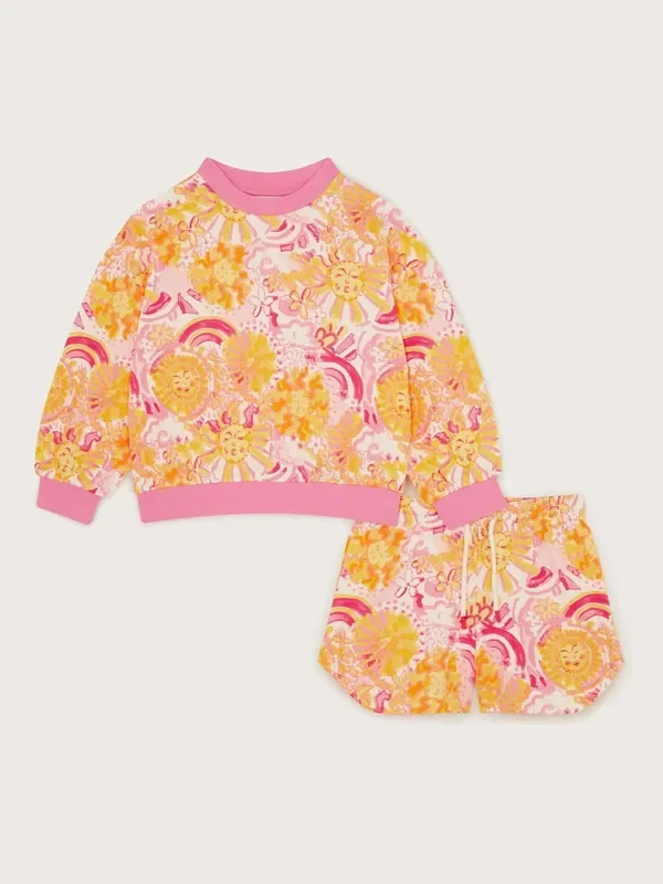 Monsoon Pink 100% Cotton Sun Print Sweatshirt and Shorts Set