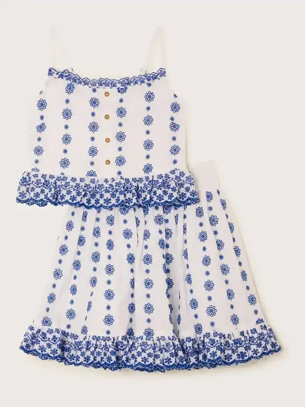 Monsoon White Floral Broderie Cami 100% Cotton Top and Skirt Set