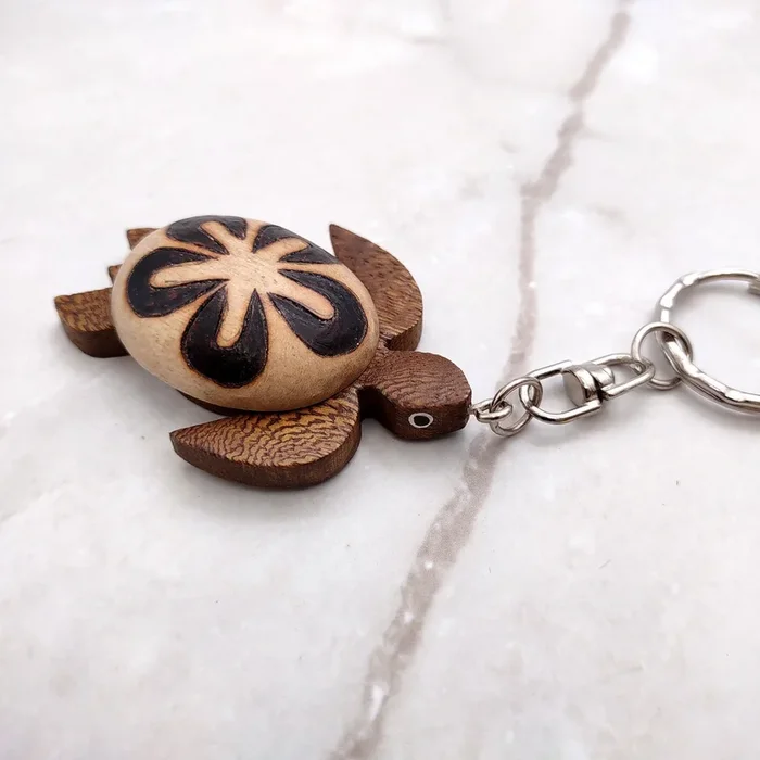 Natural Wood Plumeria Sea Turtle Keychain (1 key chain approx. 4+ inches) Wooden Pattern Sea Turtle Key Fob for gifting or decorative charm!