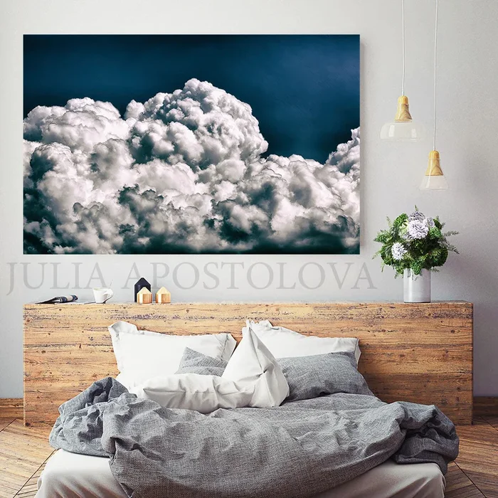 Navy Blue Painting Cloud Wall Art Abstract Cloudscape, Trend Art Textured Canvas, Dark Blue Wall Art