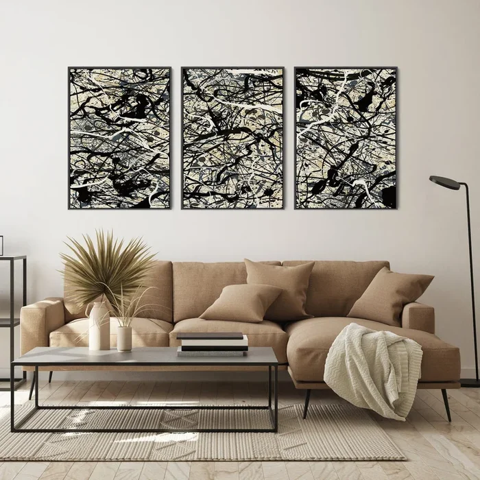 Neutral Wall Art for Living Room – Set of 3 Abstract Pictures Jackson Pollock Style – 2m Wide