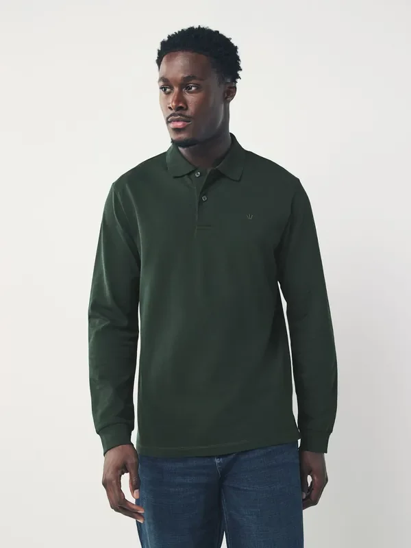 Olive Green Regular Fit Long Sleeve Pique Polo Shirt