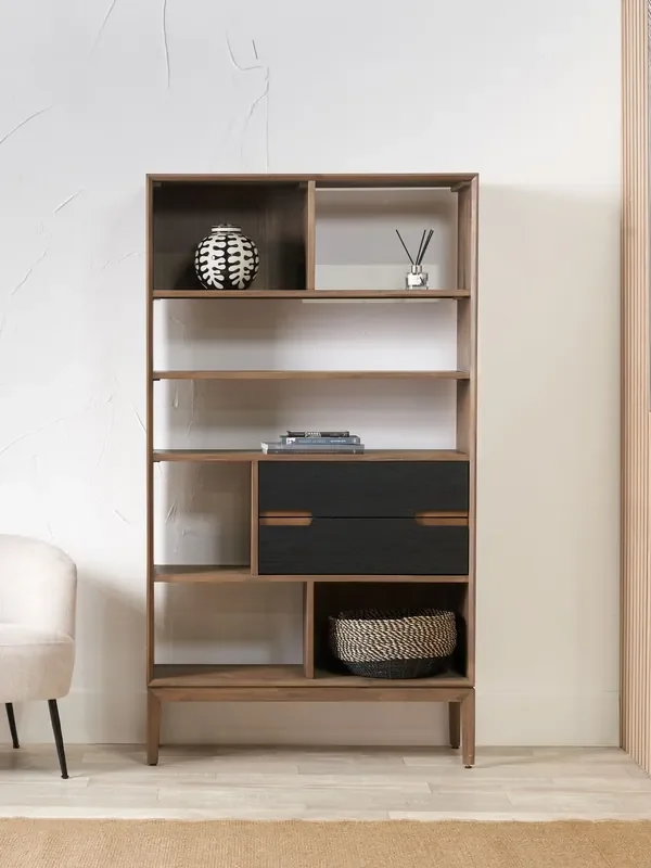 Pacific Black Gio Acacia Wood 2 Drawer 7 Niche Shelf Unit