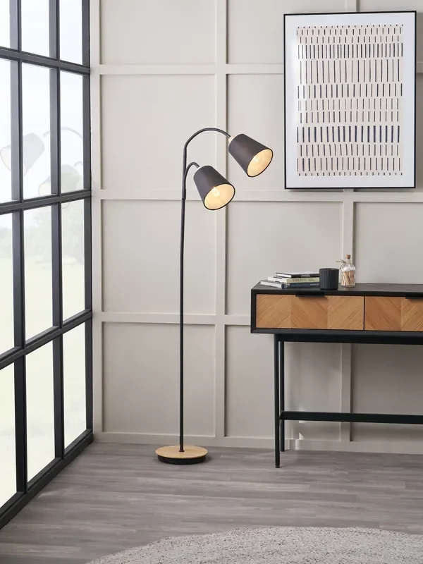 Pacific Black Juna Metal and Wood Two Head Floor Lamp