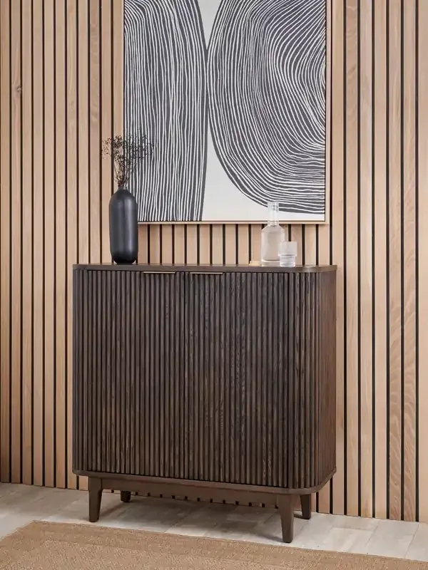 Pacific Brown Raie Ribbed Wood Veneer 2 Door Bar Cabinet
