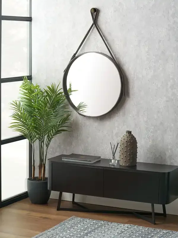 Pacific Lifestyle Dark Brown Leather Frame Round Wall Mirror