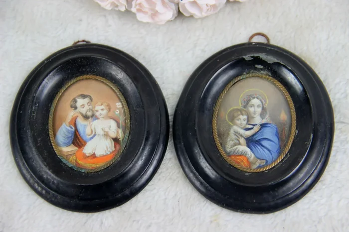PAIR antique 1900 Miniature portrait holy family jesus mary joseph religious