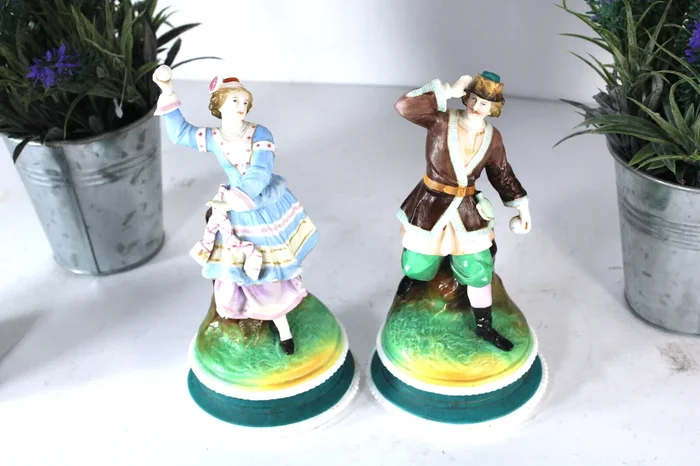 PAIR antique vieux andenne bisque porcelain figurine statue lady man