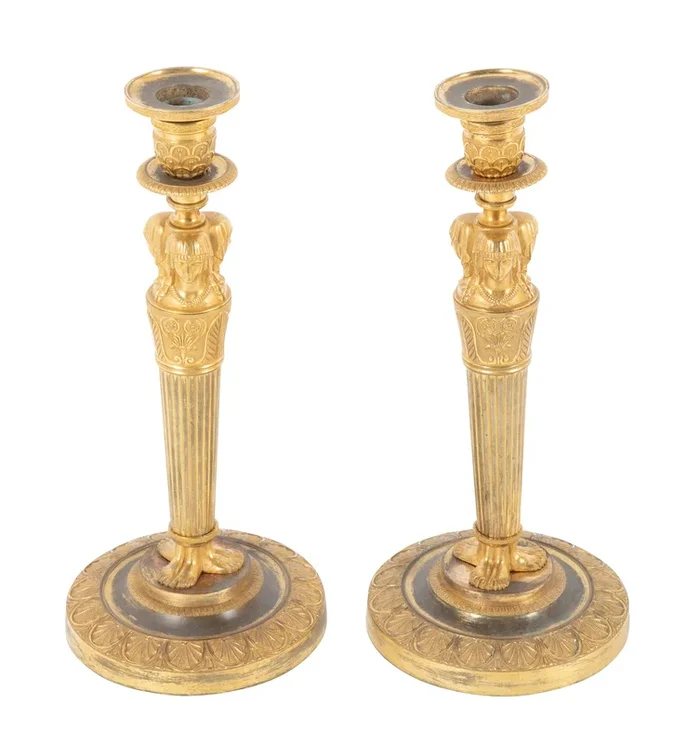 Pair of French Consulat Ormolu Candlesticks