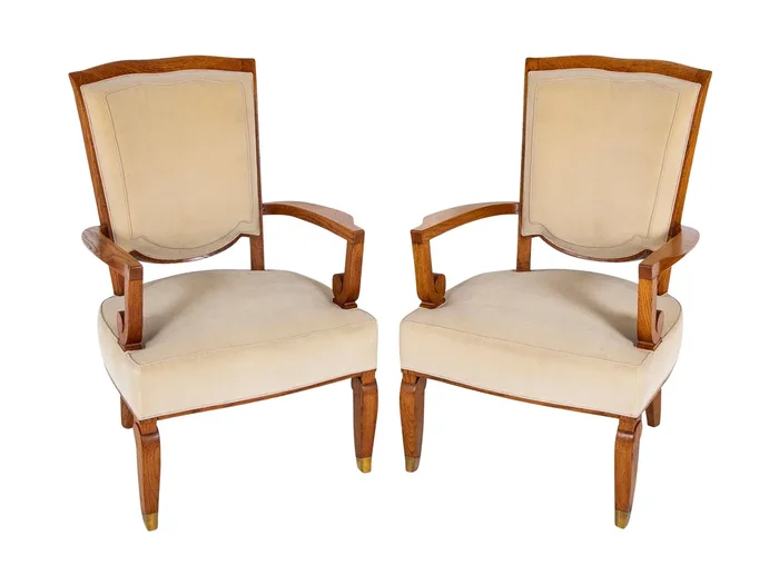 Pair of Jules Leleu Waxed Oak Armchairs