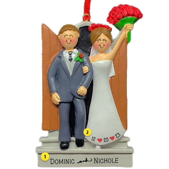 Personalized Newlyweds Couple Ornament – Male, Brown Hair and Female, Brown Hair