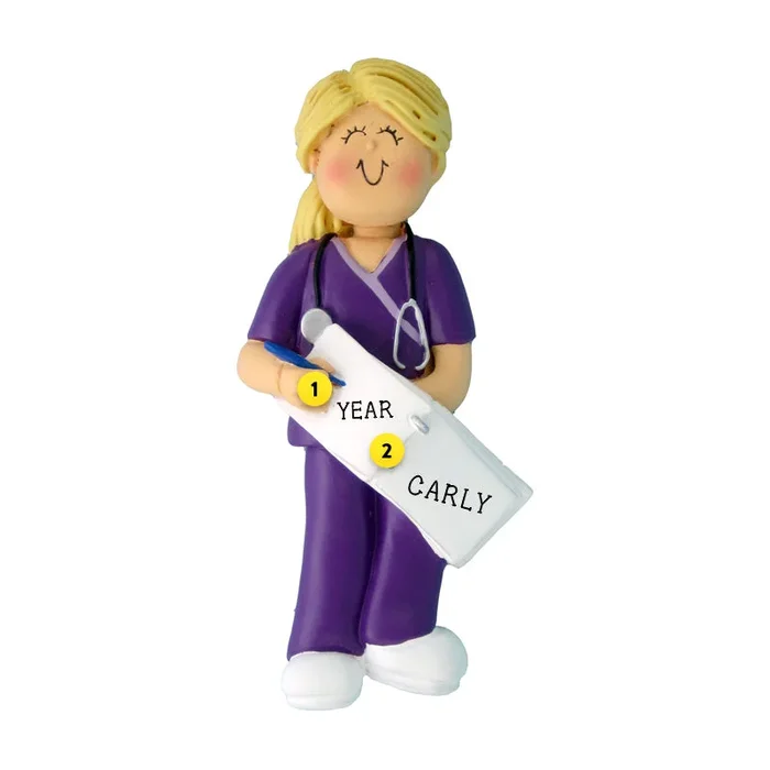 Personalized Nurse in Scrubs Ornament – Female, Blonde Hair