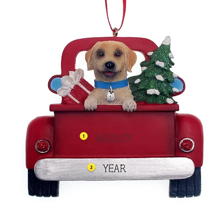 Personalized Yellow Labrador Dog in Back of Truck Ornament