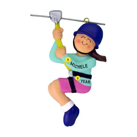 Personalized Zipline Ornament – Female, Brown Hair