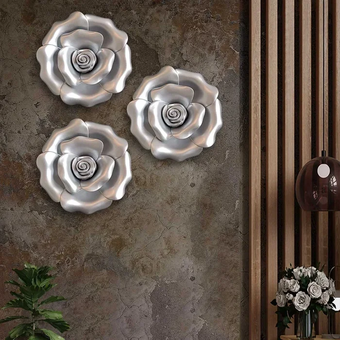 Petals Spiral Silver Rose Decorative Plastic Plate Wall Décor, Wall Hanging Carved Decal for Home Décor, Living Room & Bedroom (Set of 3, 10 x 10 Inches)