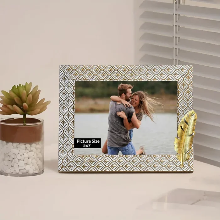 Photo Frame with Golden Metalic Leaf, White (5×7 Inch), Wooden Tabletop Photoframe.