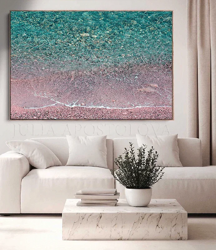 Pink Beach Art Turquoise Calming Waters Coastal Wall Art Decor Large Canvas Print Zen Relaxing Decor