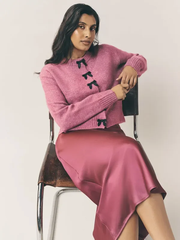 Pink Bows Crew Neck Knitted Cardigan