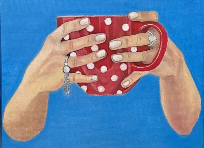 “Polka Dot Mug” (2023) Oil painting by Nina Grigel