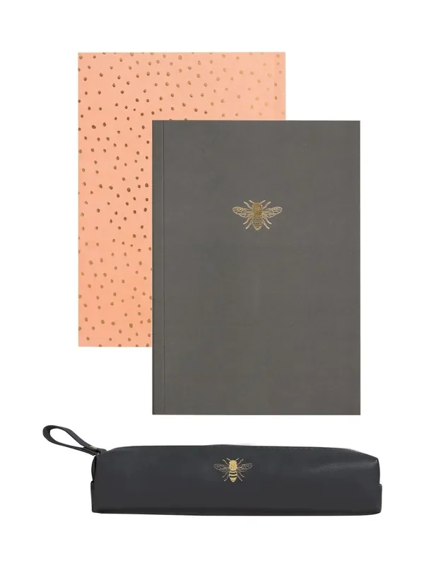 Portico Designs Black Gold Bee Faux Leather Pencil Case & 2 Notebooks