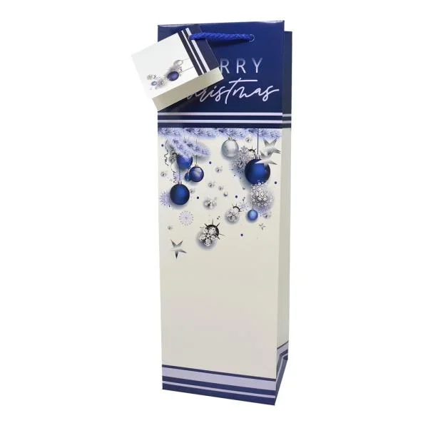 Printed Paper Wine Bottle Bag – Blue Christmas