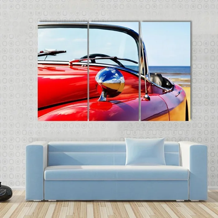 Red Convertible Car at Beach Canvas Wall Art