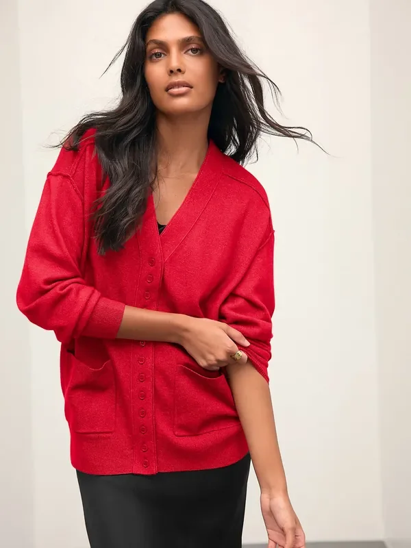 Red Supersoft V-Neck Cardigan With Pockets