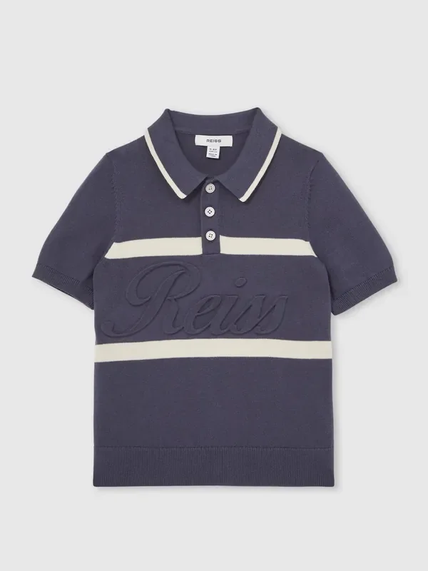 Reiss Indigo Blue/White Ellis 13-14 yrs Cotton Logo-Embossed Knit Polo Shirt