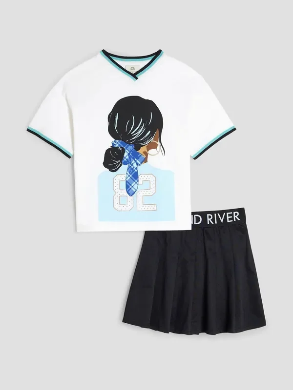 River Island Black 100% Cotton Top & Pleated Skirt Set