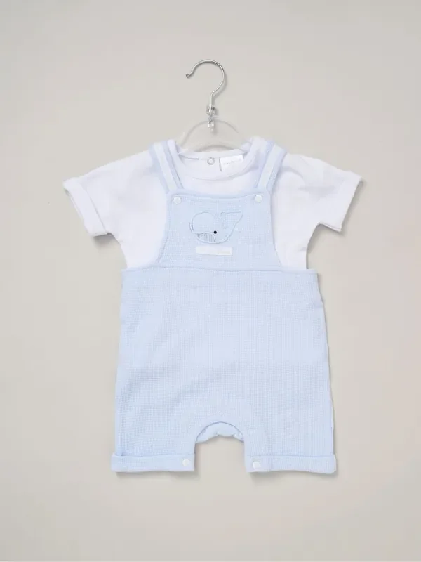 Rock-A-Bye Baby Boutique Blue 100% Cotton Waffle Dungarees and Printed T-Shirt Outfit Set