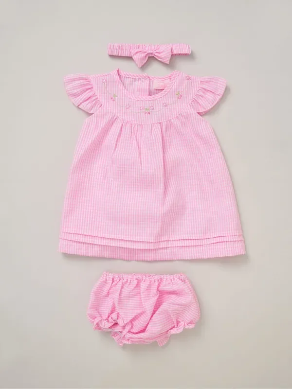 Rock-A-Bye Baby Boutique Pink 100% Cotton Dress Knickers and Bow Headband Outfit Set