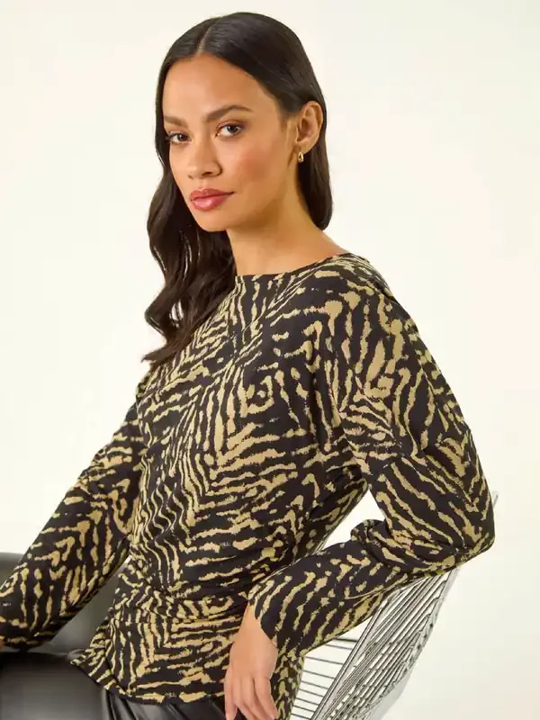 Roman Black Abstract Asymmetric Stretch Tunic Top