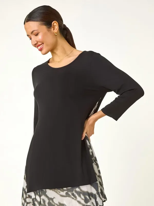 Roman Black Abstract Contrast Mesh Stretch Tunic Top