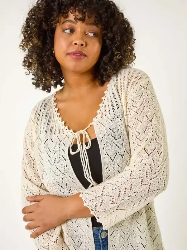 Roman Natural Curve Crochet Tie Front Cardigan
