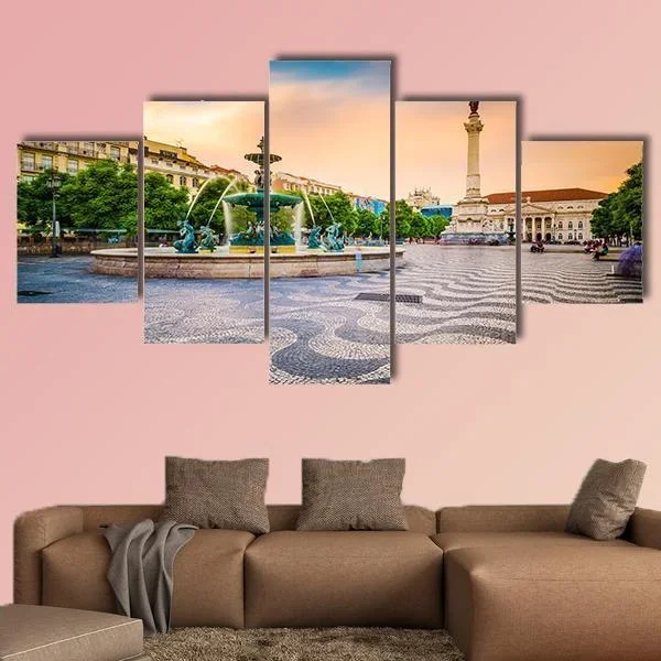 Rossio Square Fountain Cityscape Canvas Wall Art