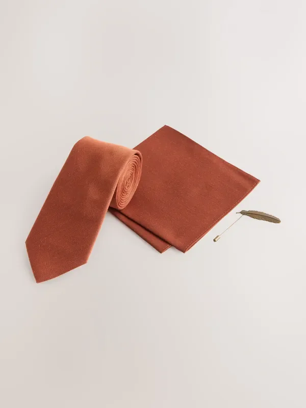 Rust Brown Tie Pocket Square and Metal Pin Set