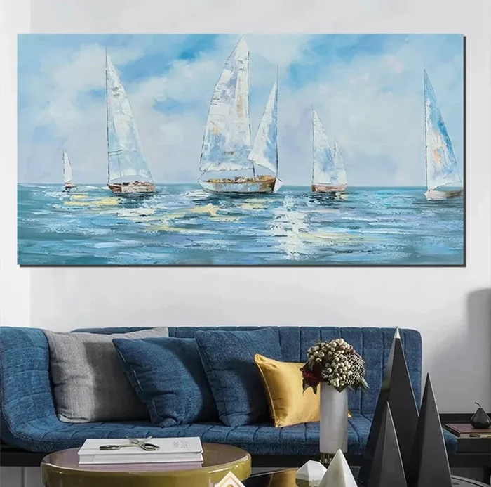 Sail Boat Acrylic Paintings on Canvas, Hand Painted Wall Art Paintings, Contemporary Canvas Artwork, Abstract Wall Art Paintings, Modern Art Paintings for Dining Room