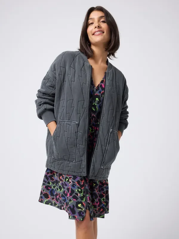 SCAMP & DUDE Black Quilted Bolt Bomber Jacket Light Washed