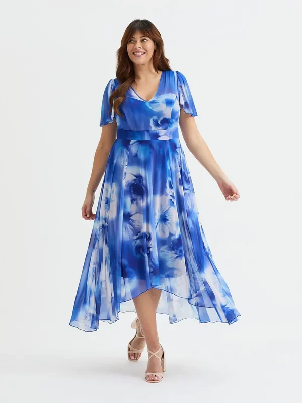Scarlett & Jo Blue Batique Print Tilly Angel Sleeve Sweetheart Dress