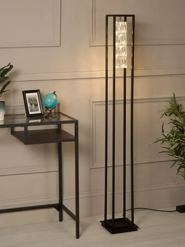 Searchlight Matt Black and Chrome and Clear Ascent Crystal Centre Floor Lamp