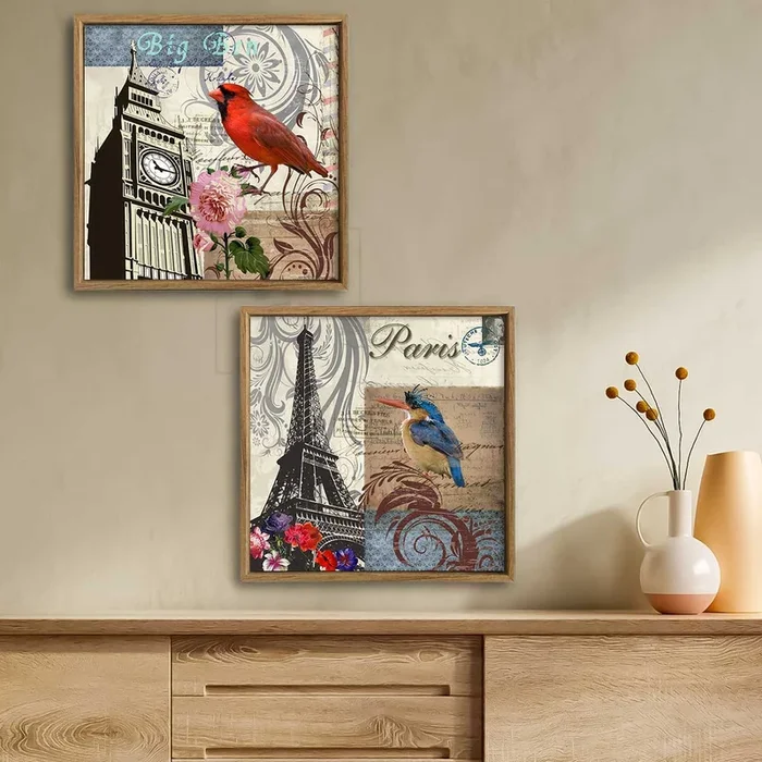Set of 2 Bird & Paris Theme Canvas Painting for Home Decor Framed Paintings for Wall and Living Room Decoration (Size – 13 x 13 Inchs)