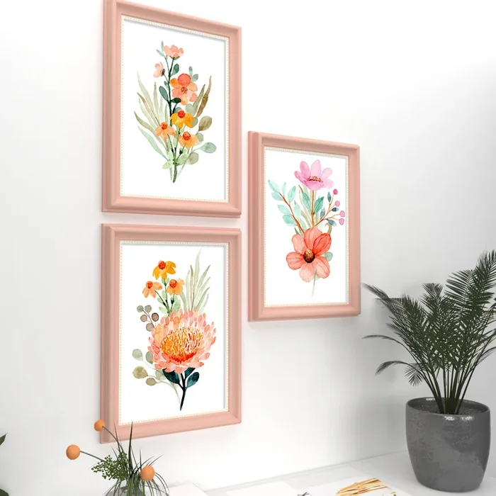 Set of 3 Wall Arts for Home Décor Peach & Yellow Floral Pink Framed Art Prints for Wall and Living Room Décoration (Size – 10 x 14 Inchs)