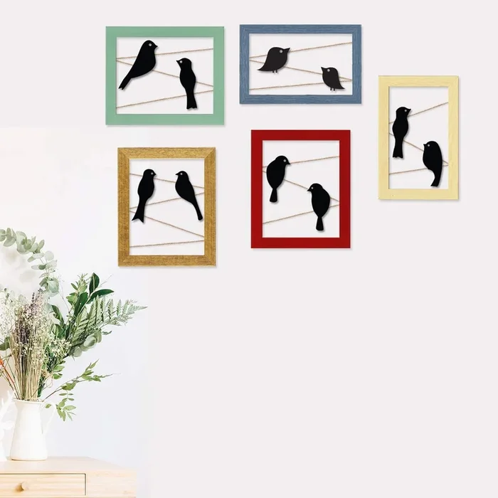 Set of 5 Wooden Birds Wall Arts Cutouts Hanging Photo Frame for Home D̩cor (Size -24×35 Inches)