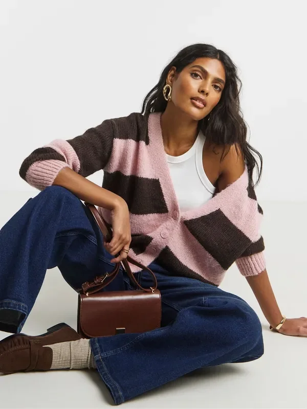 Simply Be Pink Fluffy Overstitch Knitted Boyfriend Cardigan