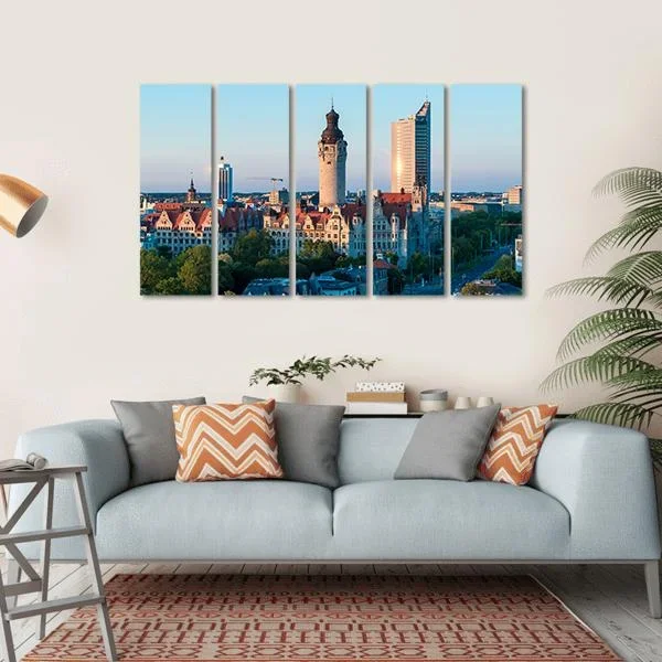 Skyline Of Leipzig With Town Hall At Sunset Canvas Wall Art